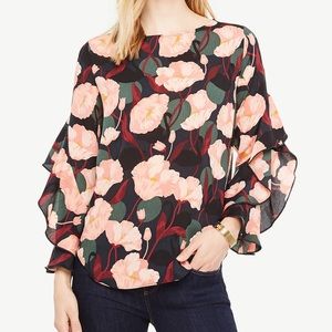 Ann Taylor Sz XL Floral Ruffle Sleeve Blouse EUC